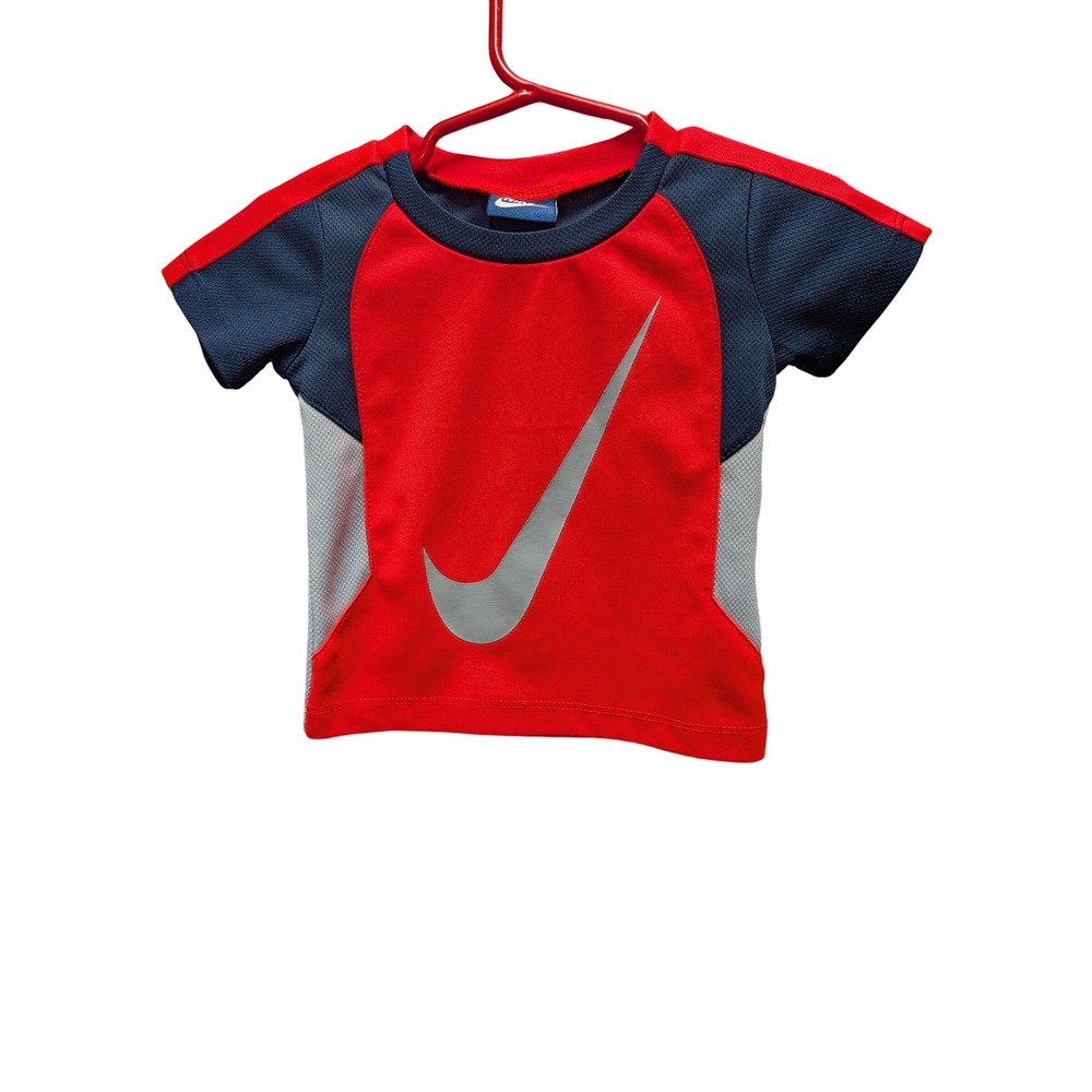 Nike Graphic Tee Kids 12M Red Excellent Silver Swoosh Mesh Sporty Shirt